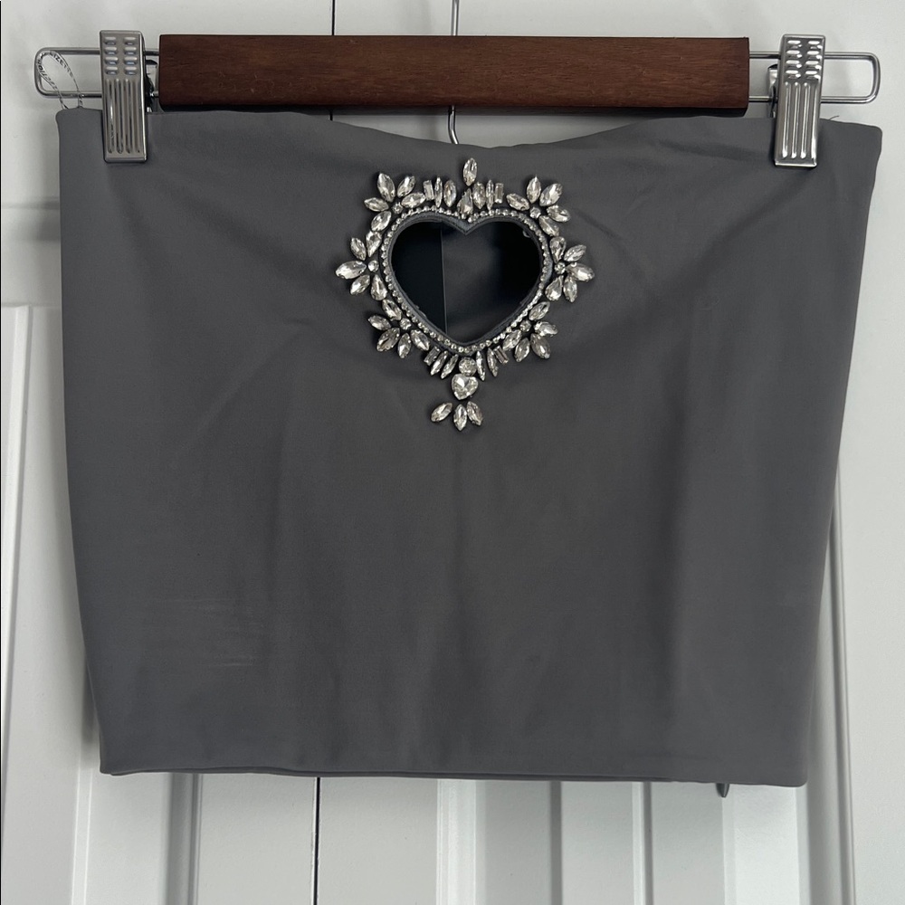 Gray Tube Top with Heart Embellishment
